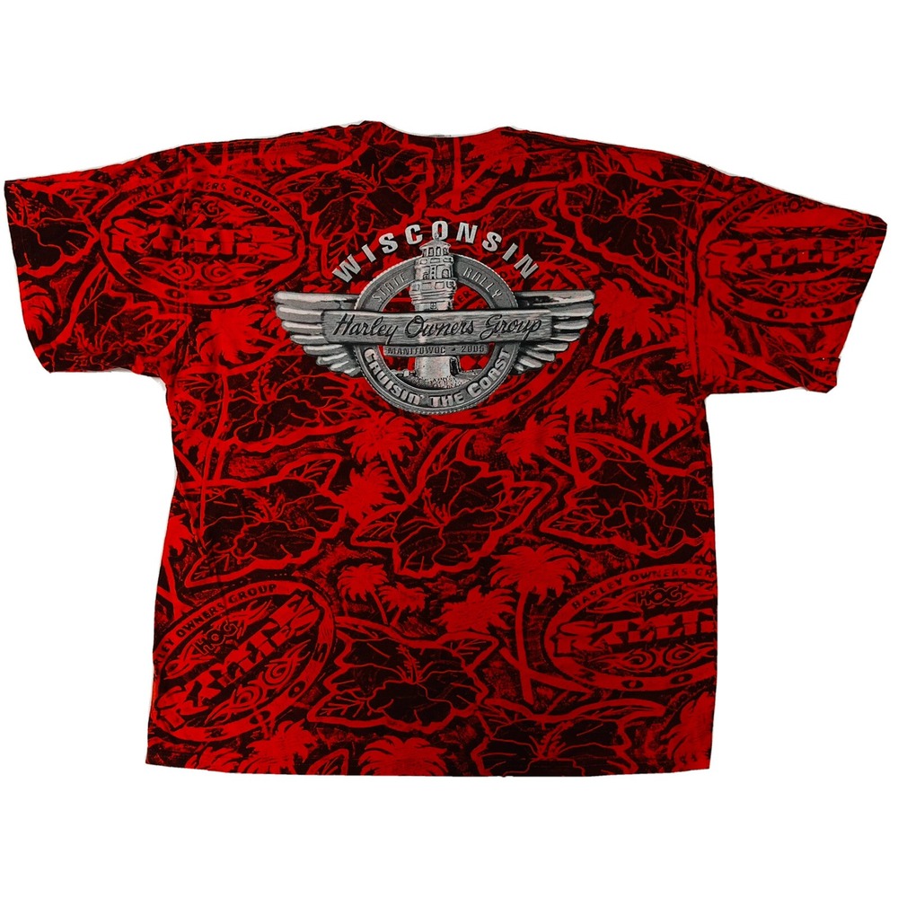 Harley-Davidson HOG Wisconsin Dealer T-Shirt XL Red Black All Over Print Double